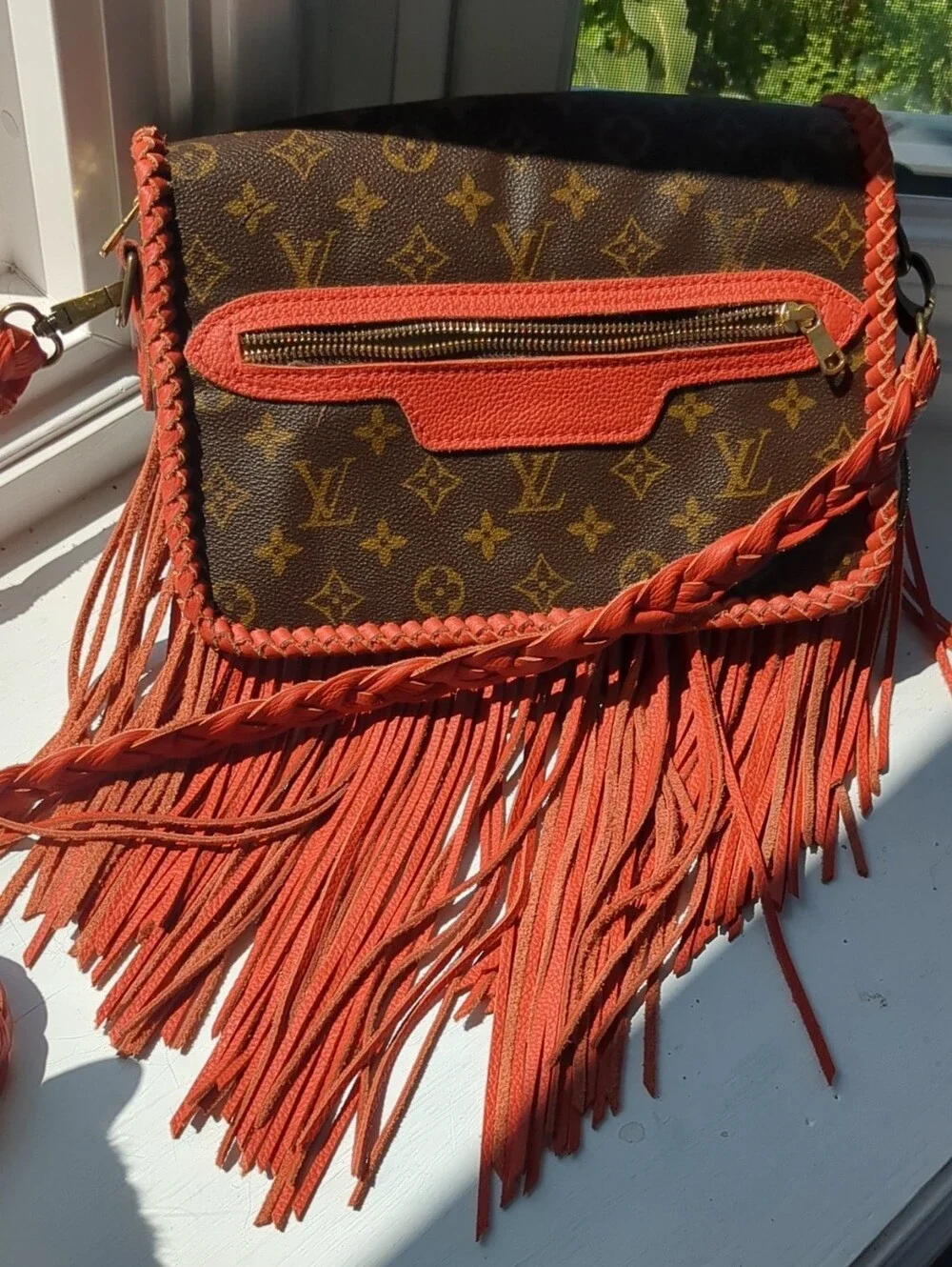 Vintage Boho Louis Vuitton Brown Monogram Crossbody with Dark Orange Fringe